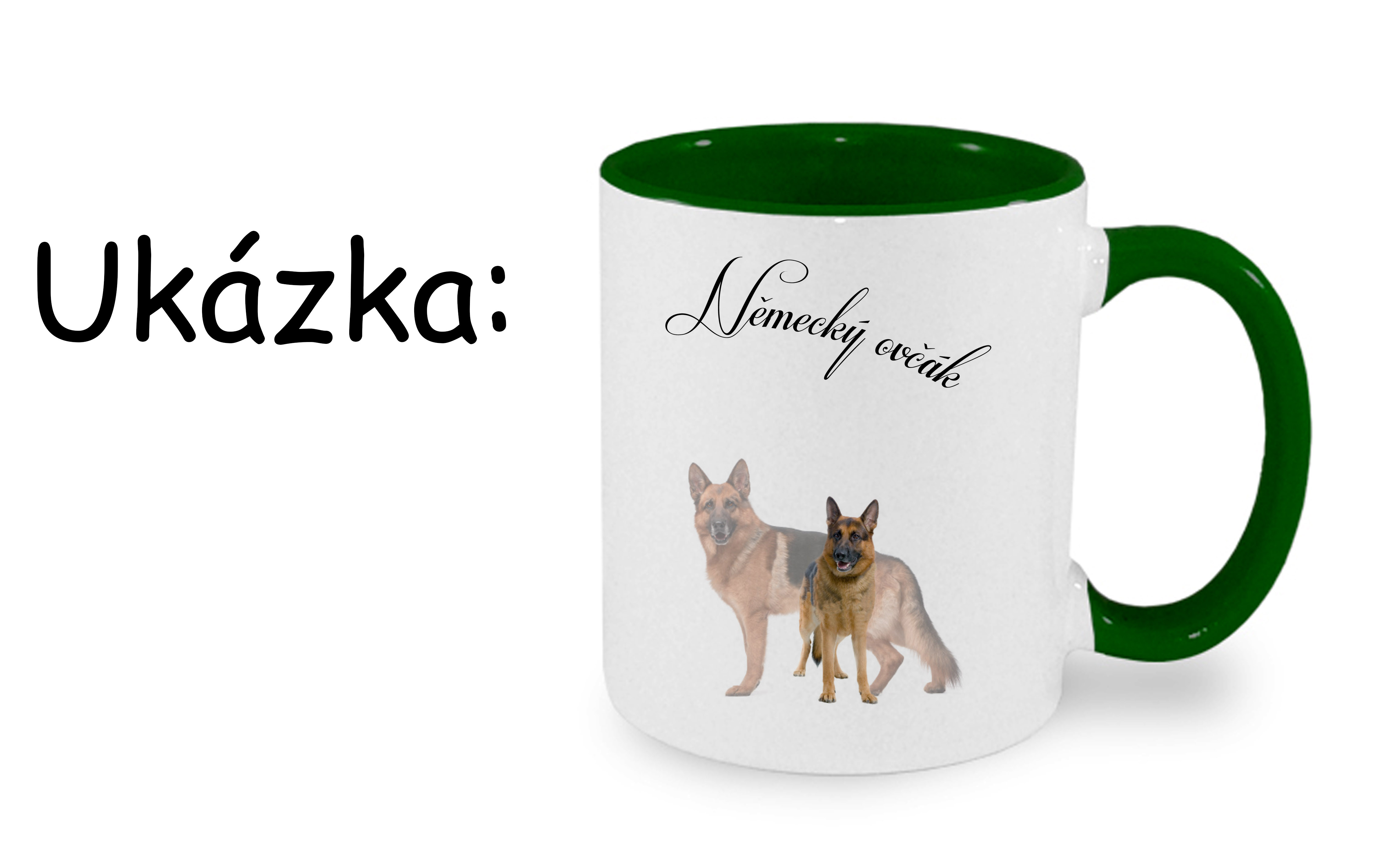 Hrnek bílý, tmavě zelený vnitřek a ucho